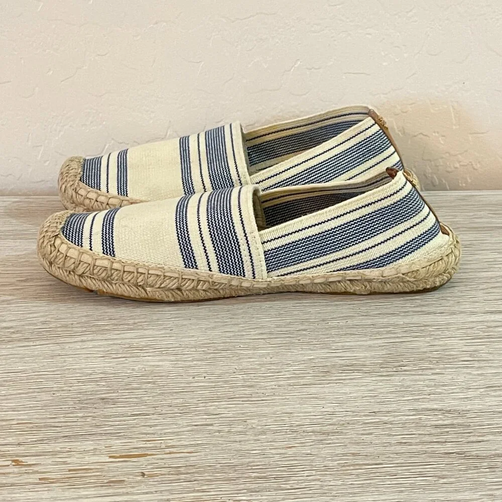 Tory Burch Espadrille Flats Slip On Shoes Ivory Navy Blue Stripe 7
